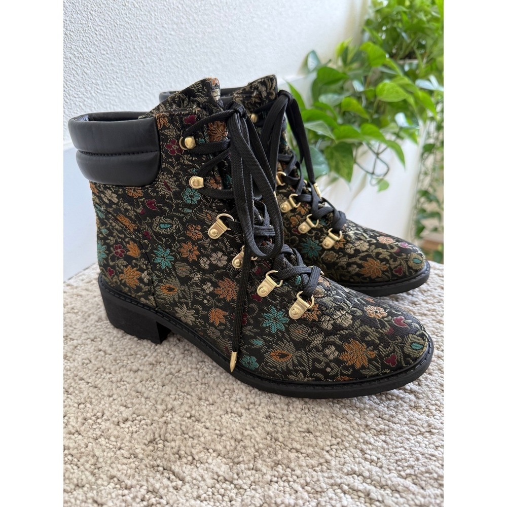NWOB Sam Edelman Darrah Floral Brocade Tapestry Lace Up Boots Gold 9.5‎ - Picture 3 of 10